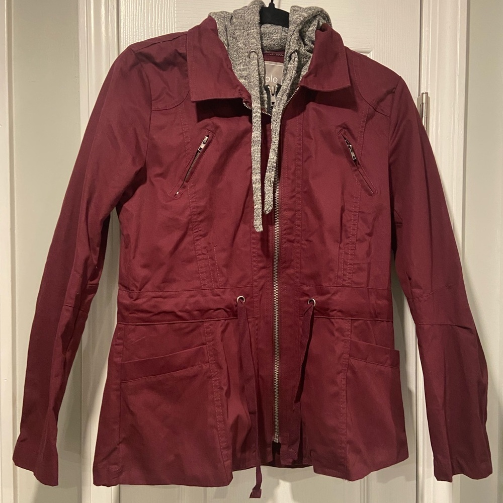 2Sable Size S Burgundy Full Zip Utility Jacket Drawstring Waist Gray Hood Anorak - Picture 11 of 13